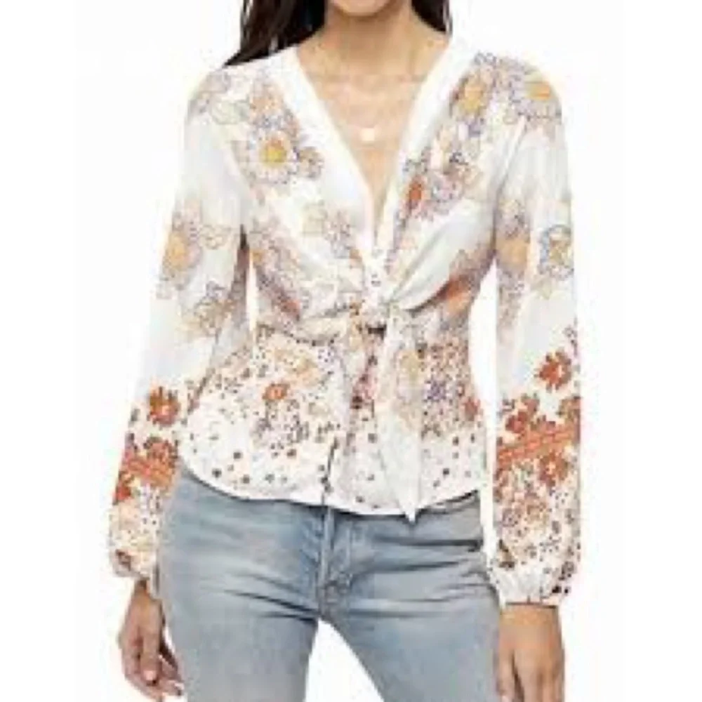 Free People run free balloon sleeve floral tie front button blouse
